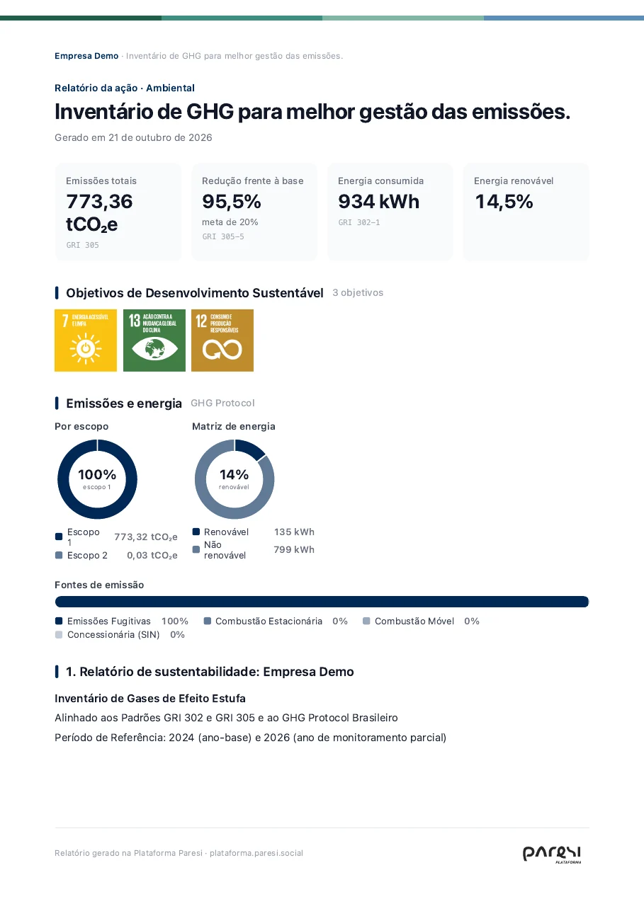 Primeira página de um relatório gerado pela análise com IA da Paresi